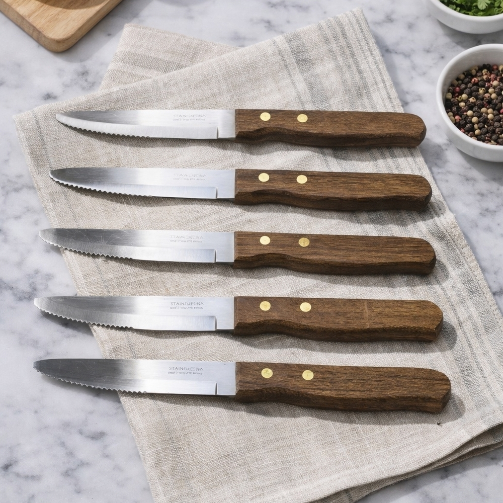 Tramontina Inox‎ Serrated Stainless Steel Steak Knife Set Of 5. Vintage Brasil